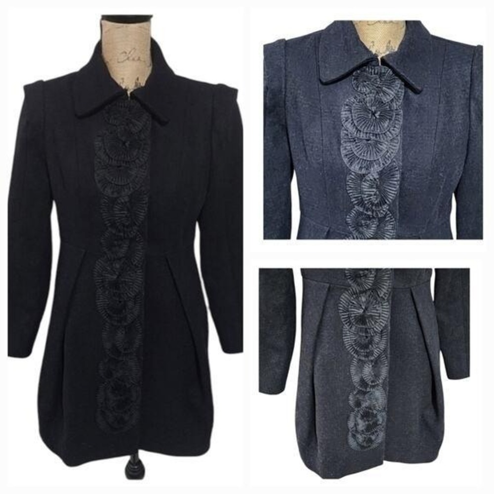 TIBI Elegant Black Textured Wool Blend Collared Embellished Front Coat Jacket
